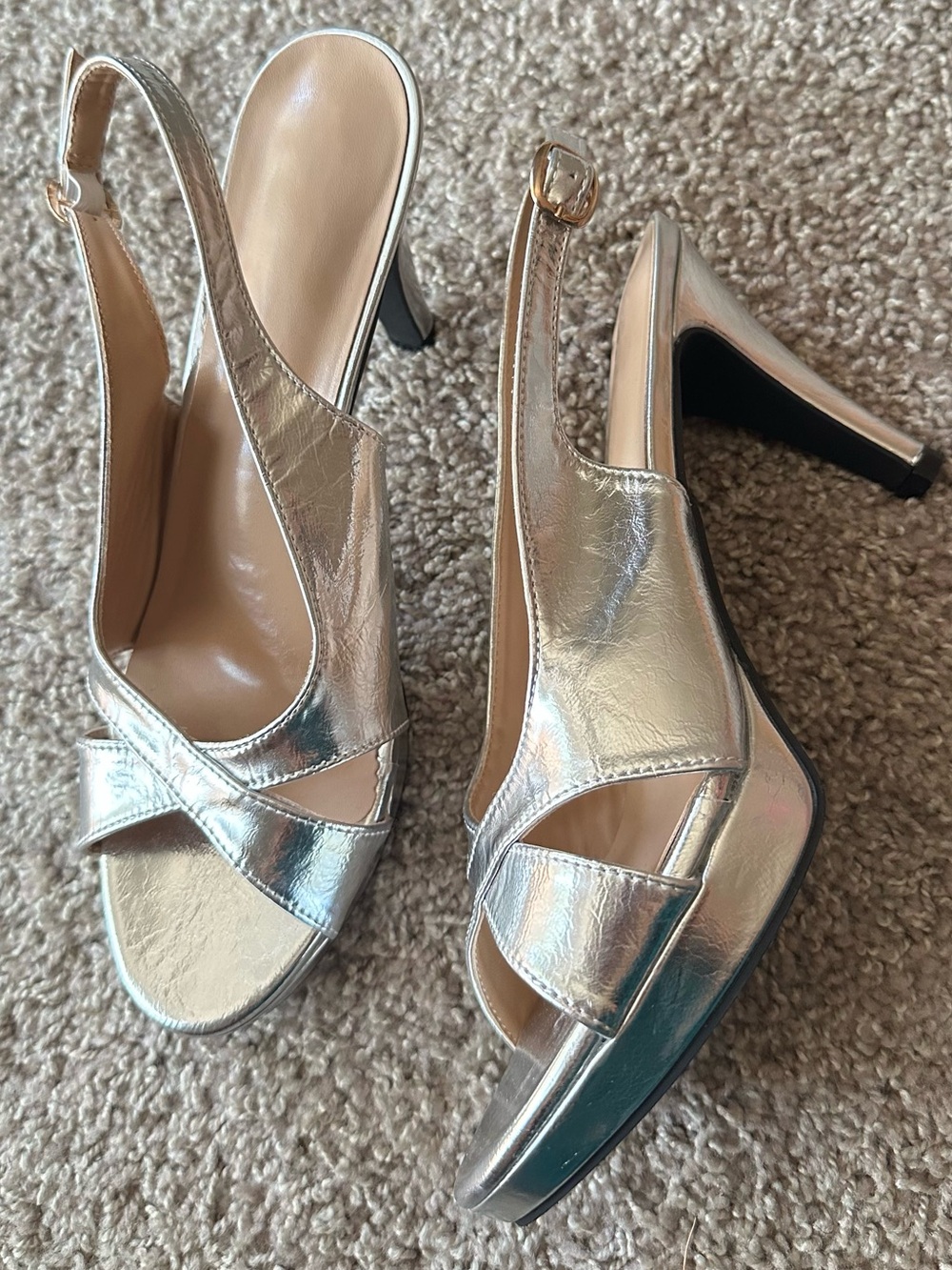 Metallic Silver Slingback Heels - Women
